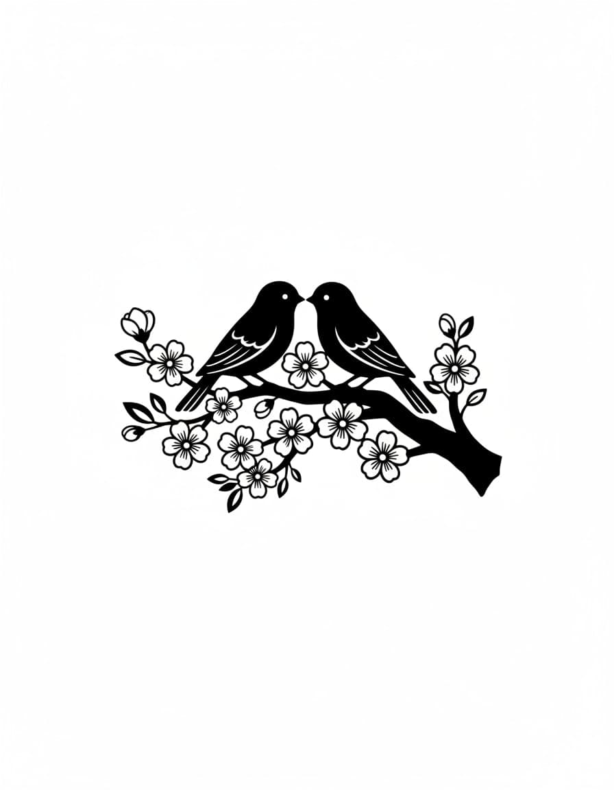Blackwork Love Birds Silhouette Branch Temporary Tattoo