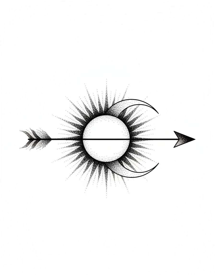 Dotwork Arrow Through Sun and Moon Temporary Tattoo — view 1