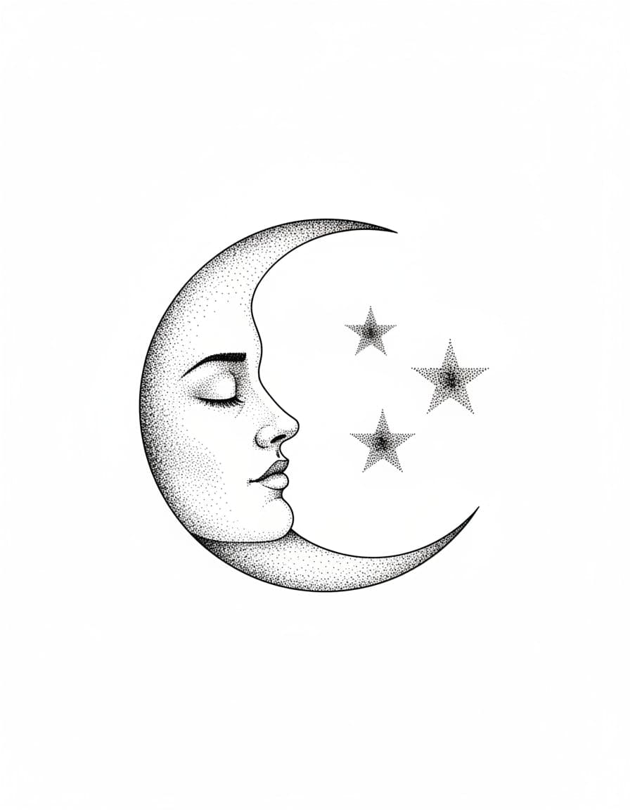 Dotwork Crescent Moon Face Temporary Tattoo — view 1