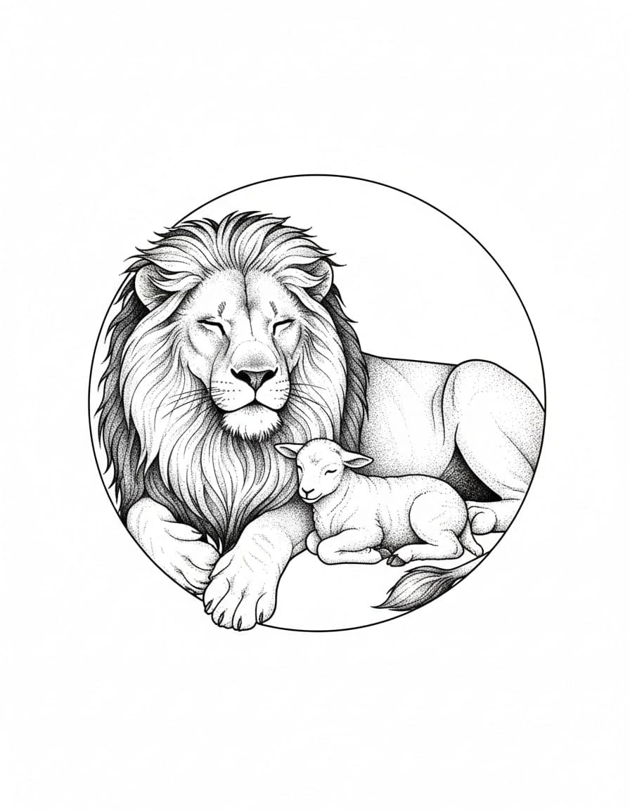 Dotwork Lion and Lamb Temporary Tattoo — view 1