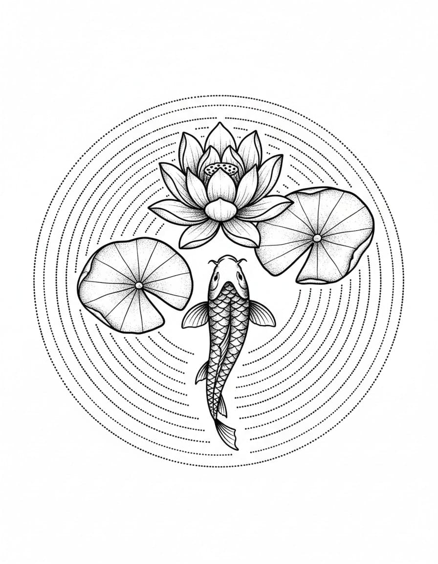 Dotwork Lotus Pond Koi Temporary Tattoo — view 1