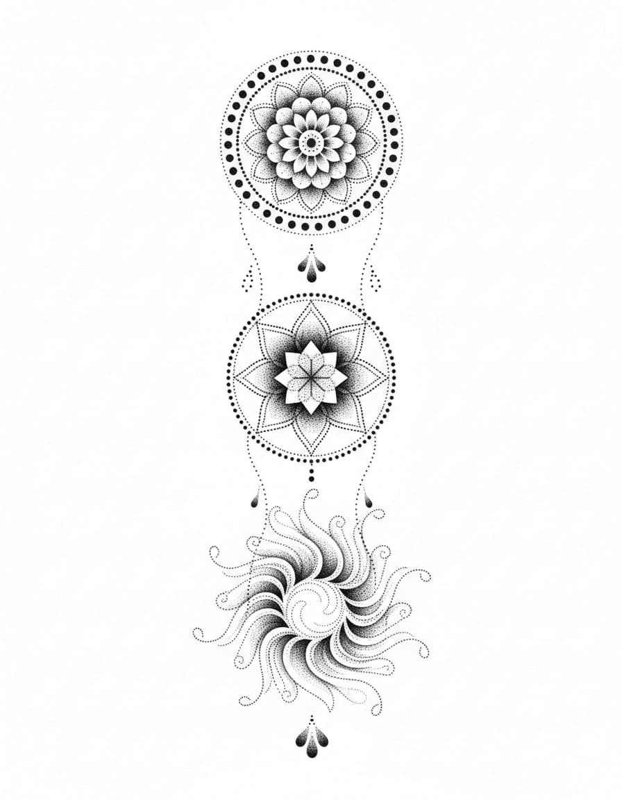 Dotwork Mandala Trio Spine Temporary Tattoo