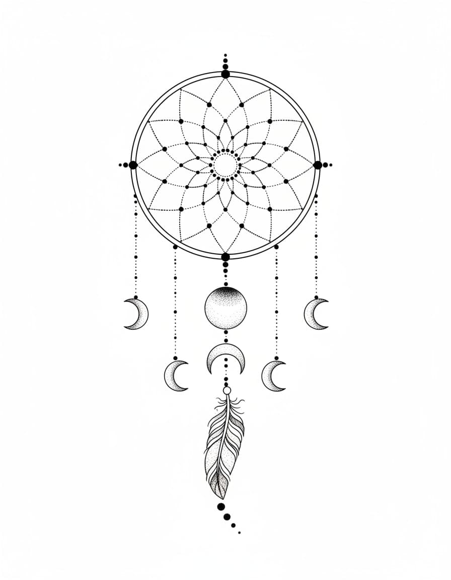 Dotwork Moon Phase Dream Catcher Temporary Tattoo — view 1
