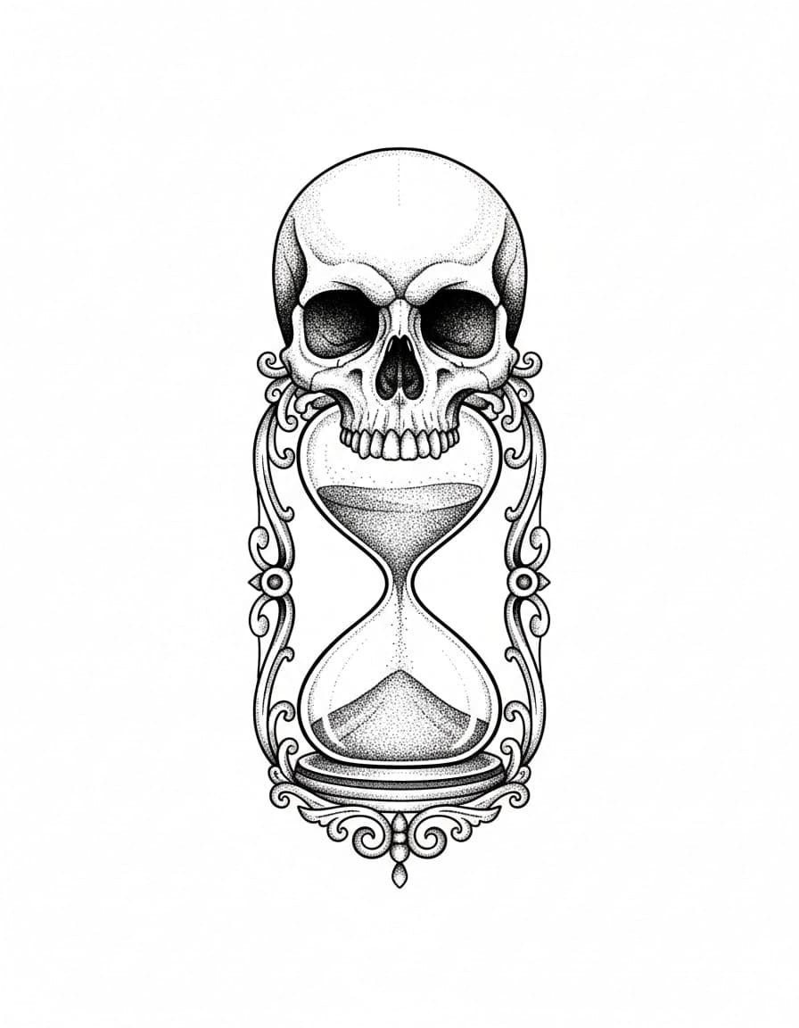 Dotwork Skull and Hourglass Temporary Tattoo — view 1