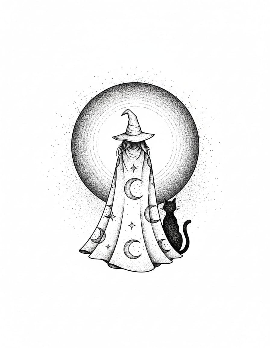 Dotwork Witch and Cat Temporary Tattoo — view 1