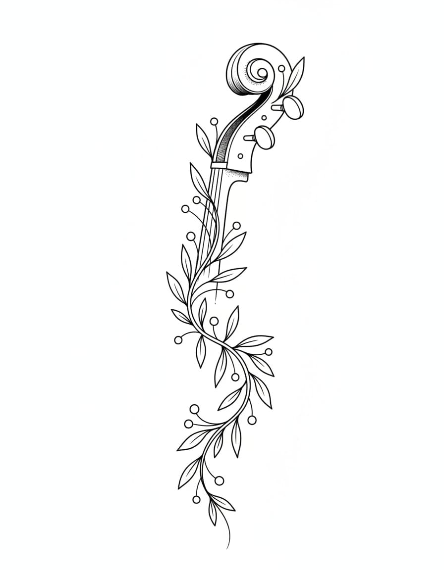Fine Line Cello Scroll and Vine Temporary Tattoo — view 1