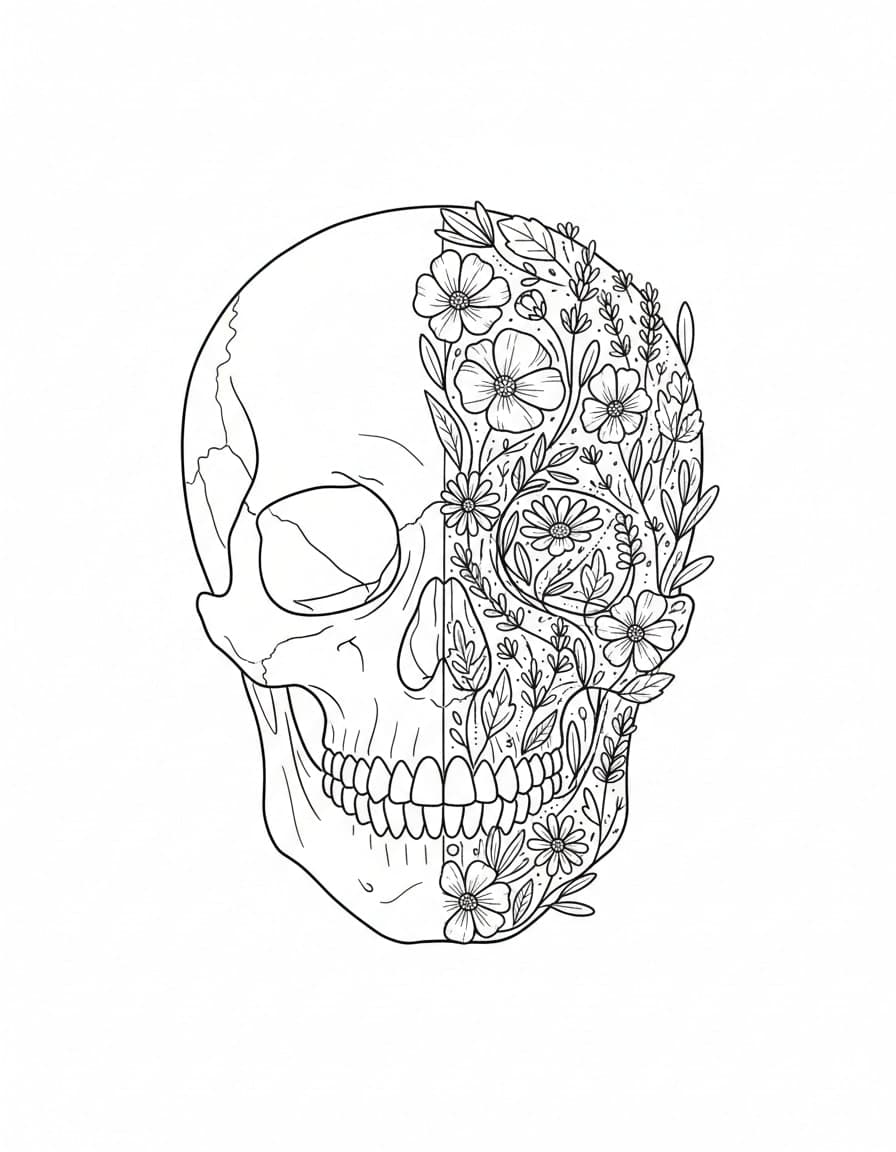 Fine Line Half Skull Half Bloom Temporary Tattoo — view 1