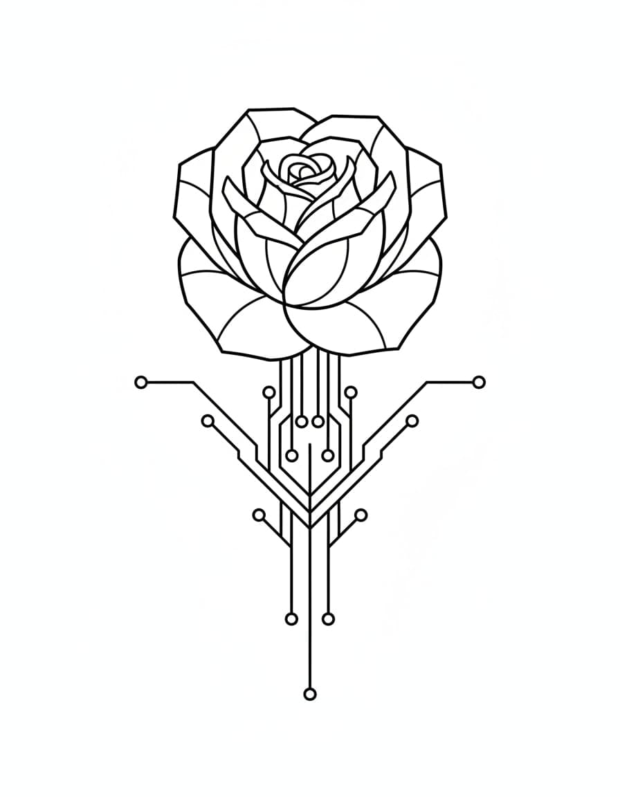 Geometric Rose in Circuit Lines Temporary Tattoo — view 1