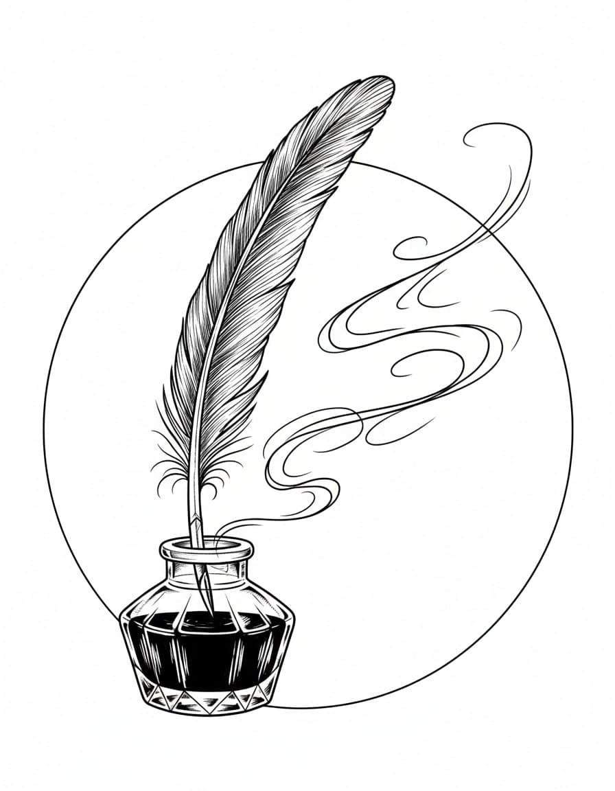 Illustrative Feather Quill and Inkwell Temporary Tattoo