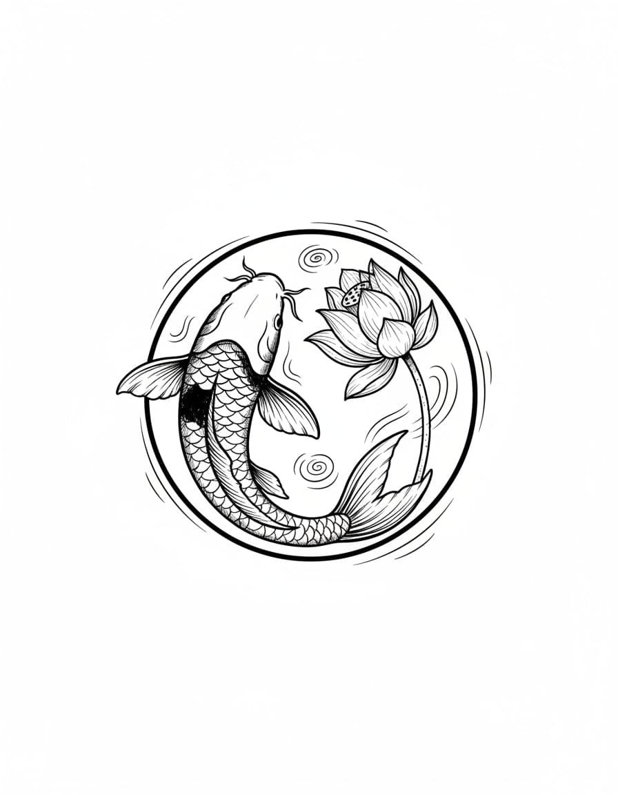 Illustrative Koi Circling a Lotus Temporary Tattoo