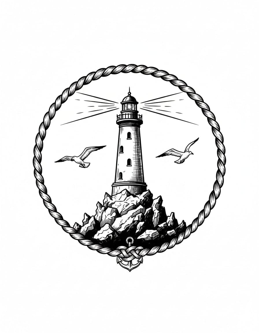 Illustrative Lighthouse and Rope Frame Temporary Tattoo — view 1