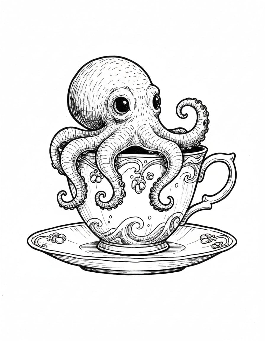 Illustrative Octopus in Teacup Temporary Tattoo
