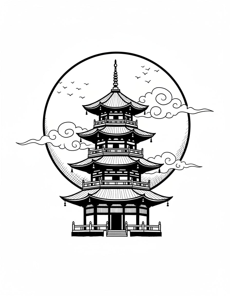 Illustrative Pagoda and Full Moon Temporary Tattoo — view 1