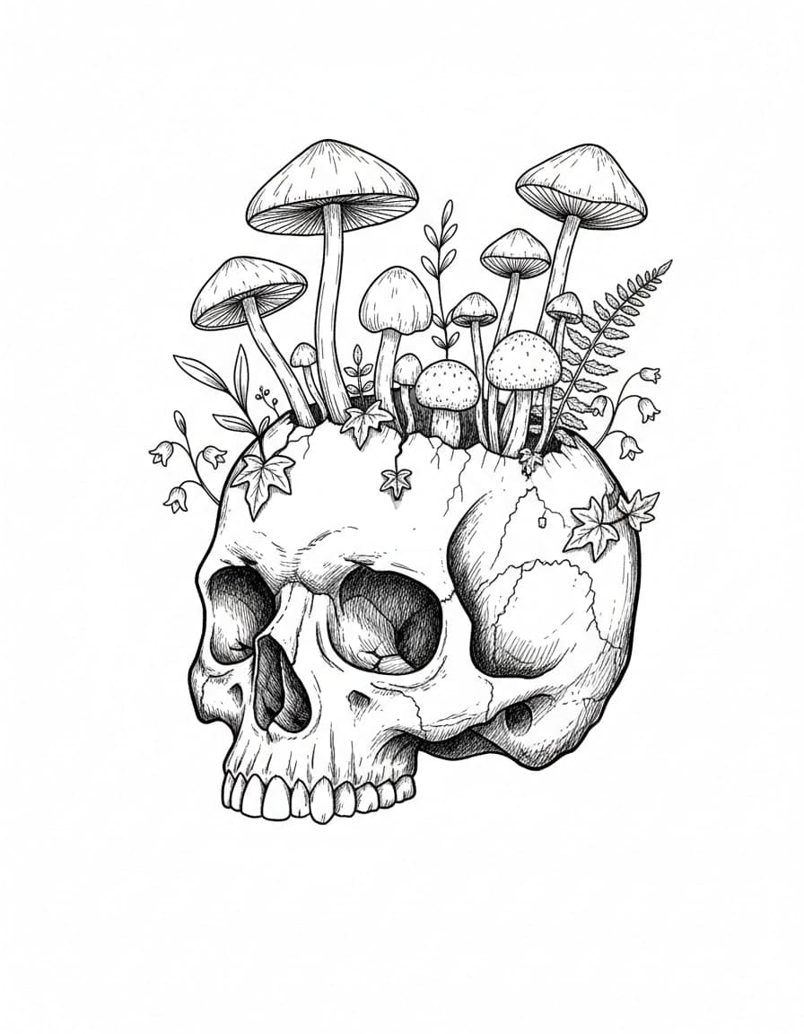 Illustrative Skull and Mushrooms Temporary Tattoo