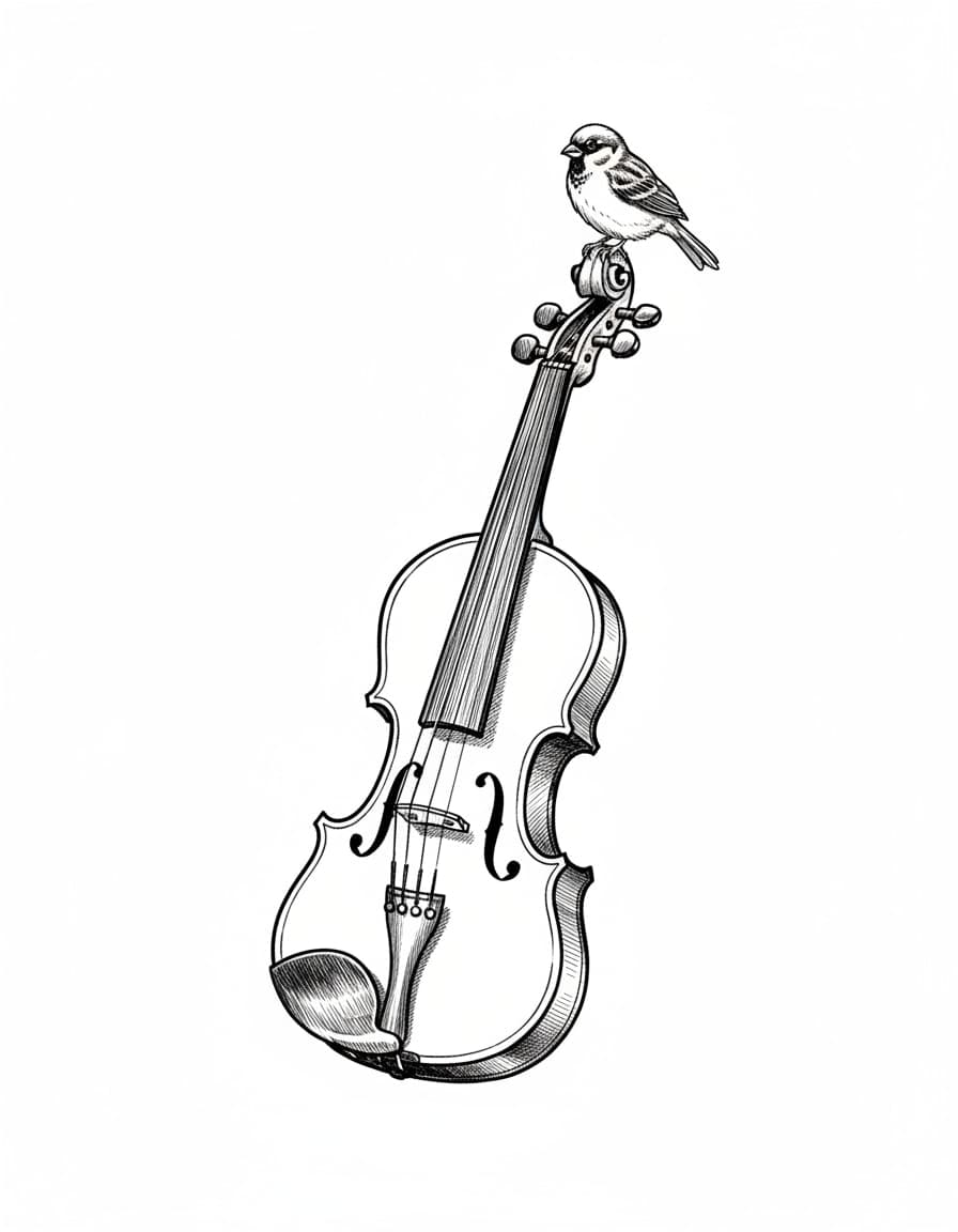 Illustrative Violin and Sparrow Temporary Tattoo