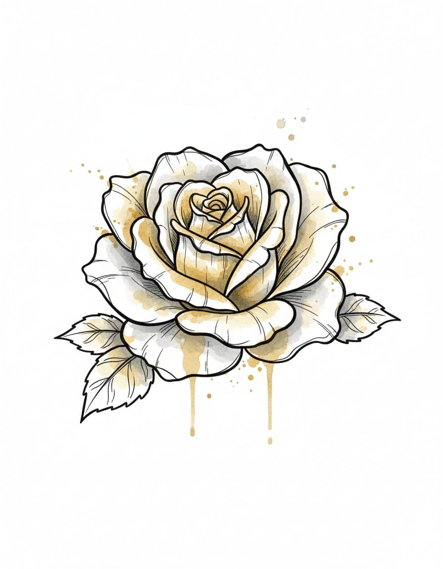 Watercolour Ink and Gold Rose Temporary Tattoo