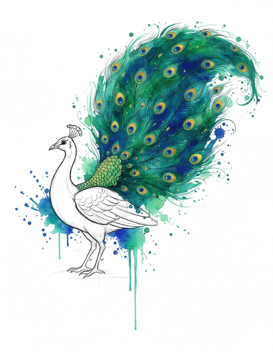 Watercolour Peacock Flourish Temporary Tattoo