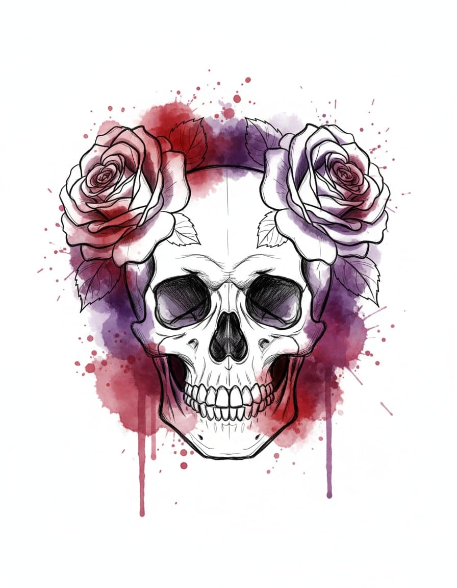 Watercolour Skull with Roses Splash Temporary Tattoo