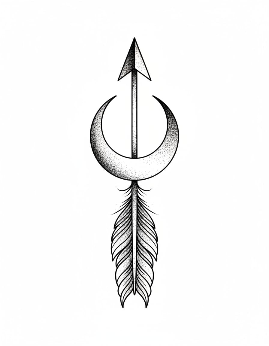 Tatuaje temporal «Flecha y luna» en estilo «dotwork»