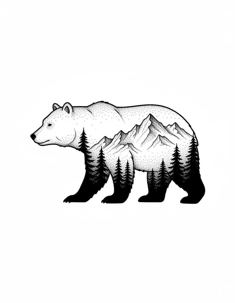 Tatouage temporaire « Ours et forêt » en style « dotwork »