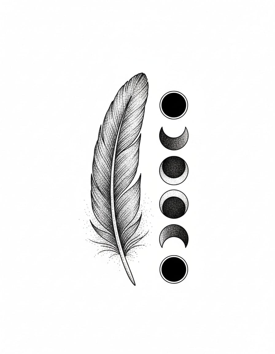 Dotwork Feather and Moon Phases Temporary Tattoo
