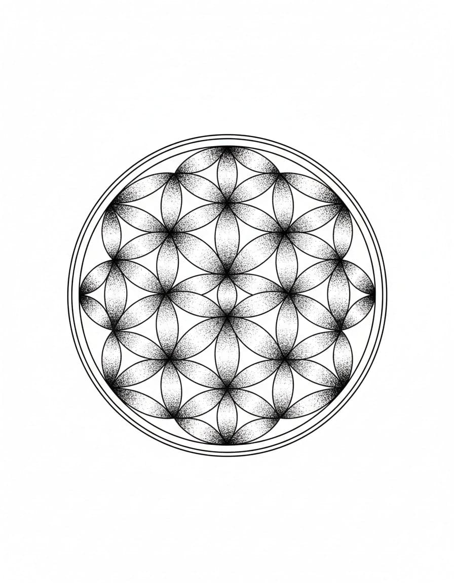 Dočasné tetování „Květ života“ v technice dotwork