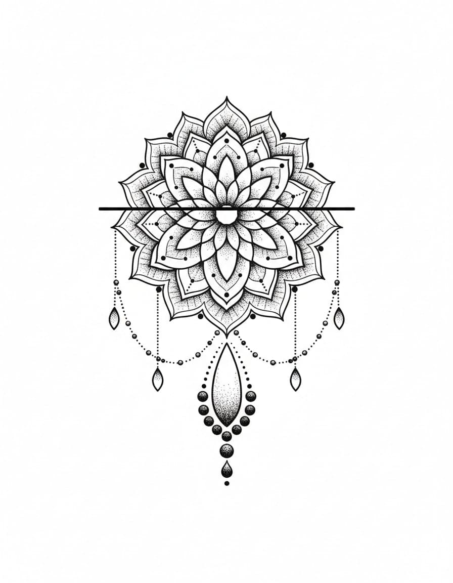 Tijdelijke tatoeage met dotwork-motief: mandala op het borstbeen