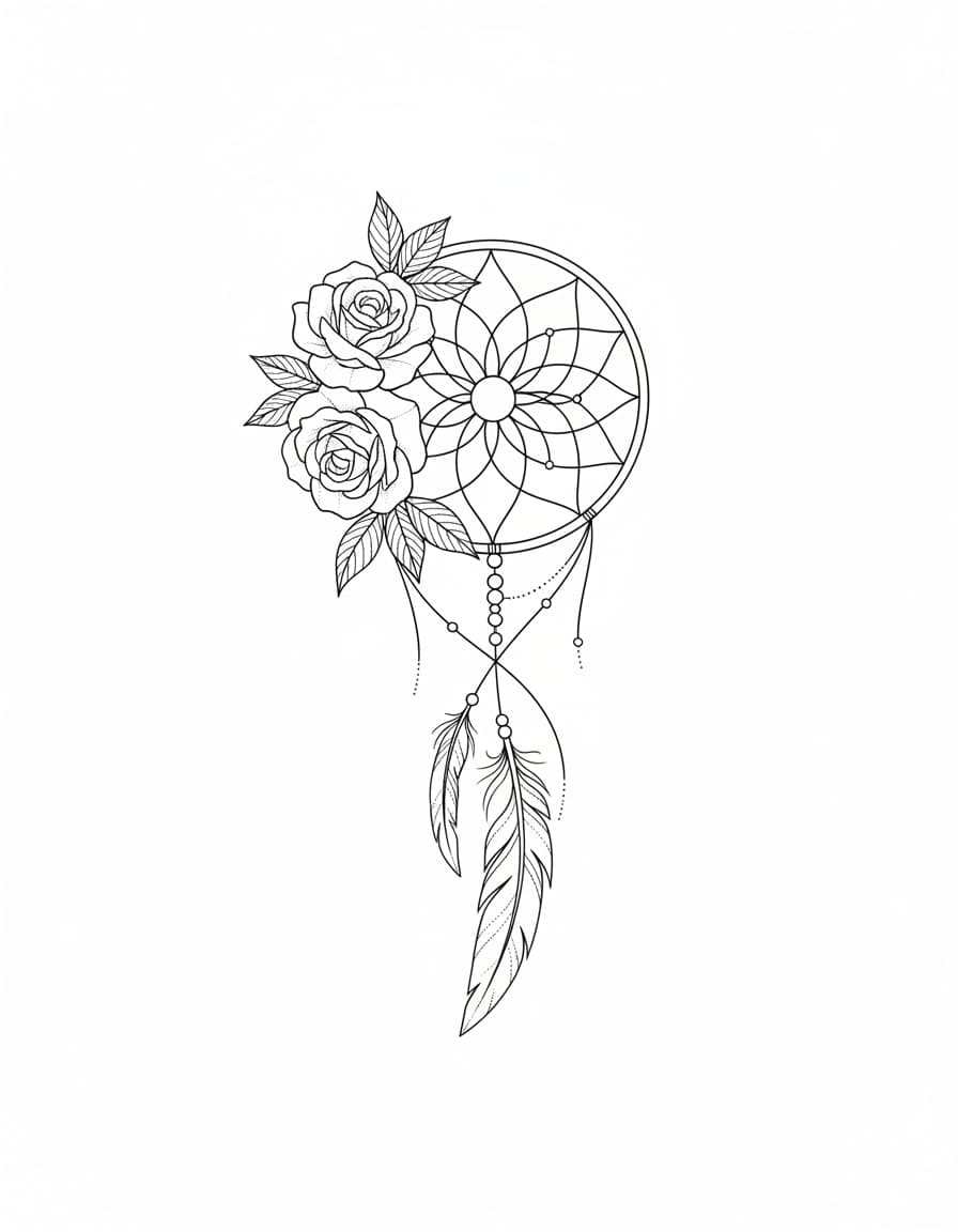 Dočasné tetování „Fine Line Dream Catcher“ s růžemi