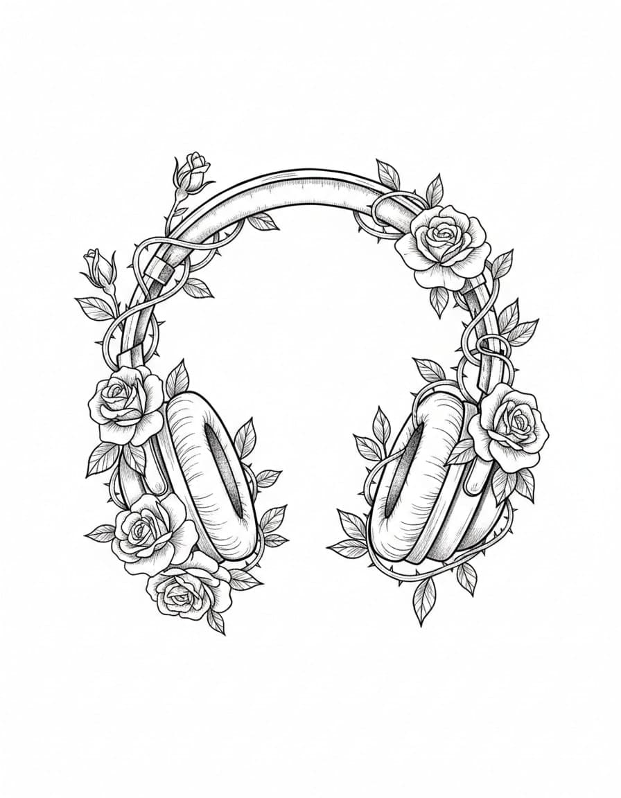 Illustrative Headphones with Roses Temporary Tattoo
