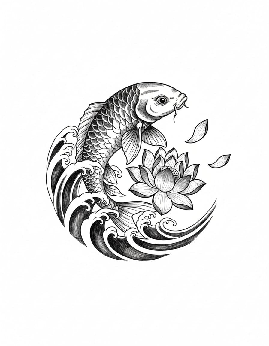 Illustrative Koi Fish with Lotus Temporary Tattoo — view 1