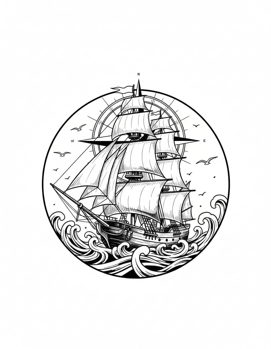Illustrative Sailing Ship and Compass Temporary Tattoo