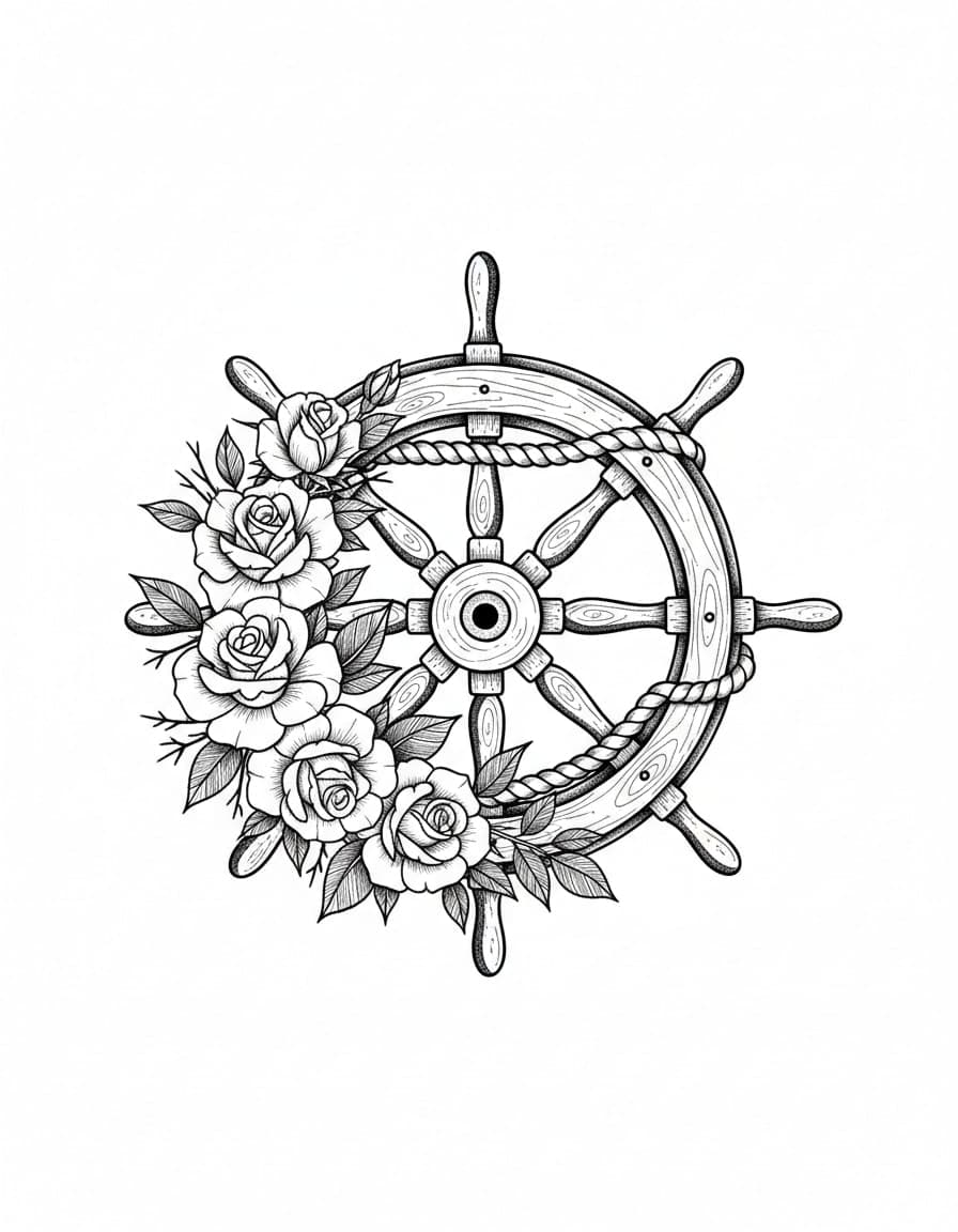 Illustrative Ship's Wheel with Roses Temporary Tattoo