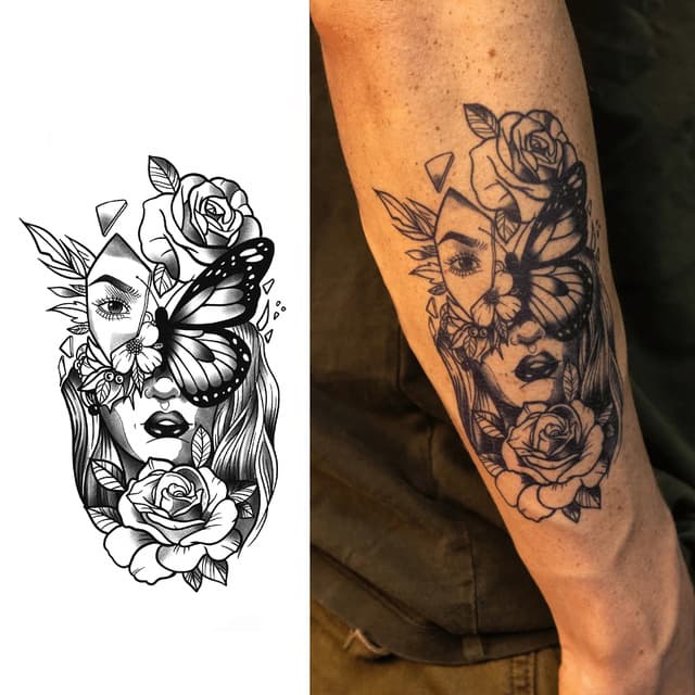 Butterfly-masked woman with roses