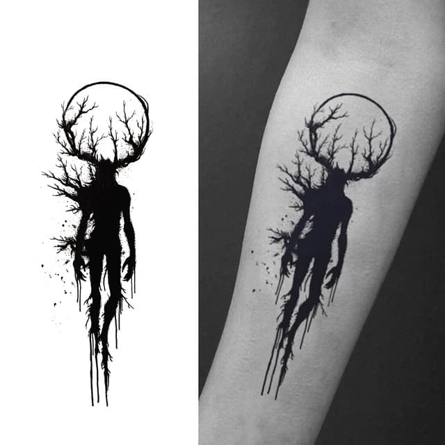 Antlered wraith beneath a full moon