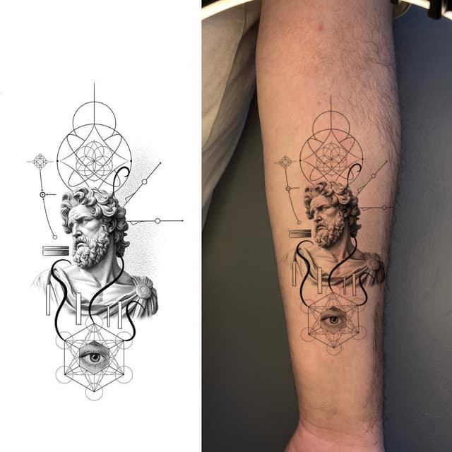 Philosopher bust within sacred geometry
