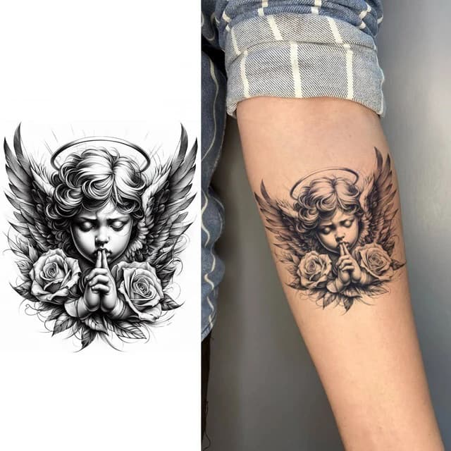 Hushed cherub between roses — view 1