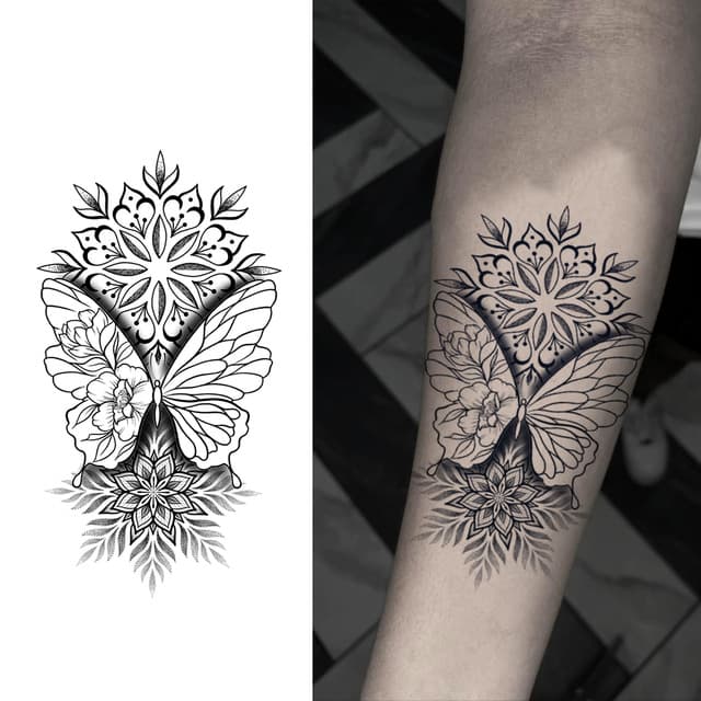 Mandala butterfly with peony heart