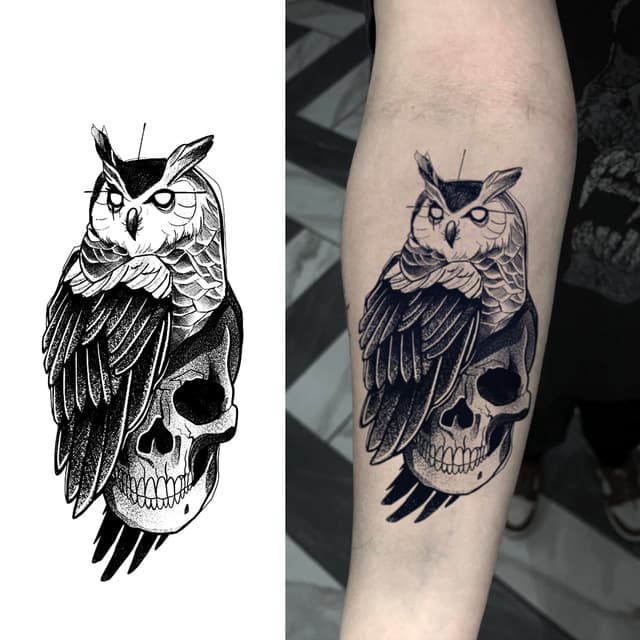 Dotwork owl perched on a skull — view 1