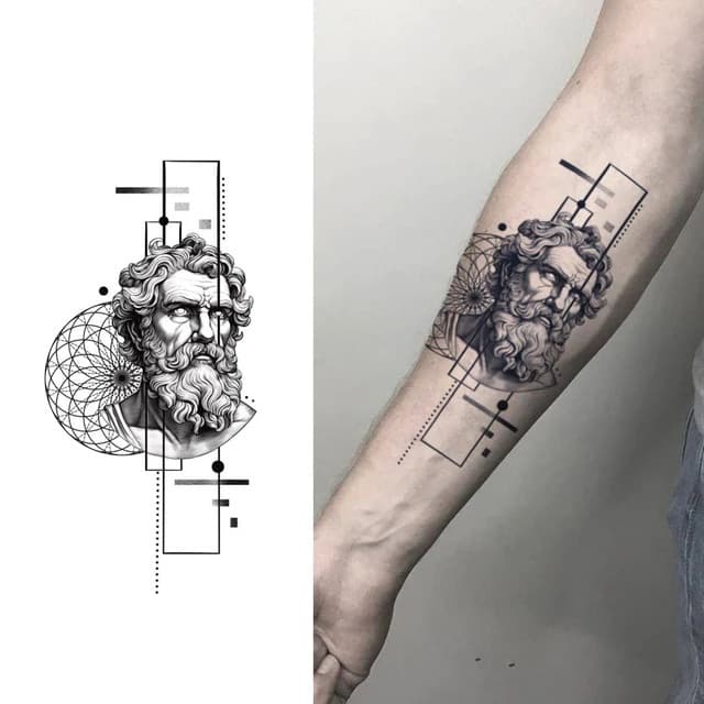 Bearded god bust through geometric frames
