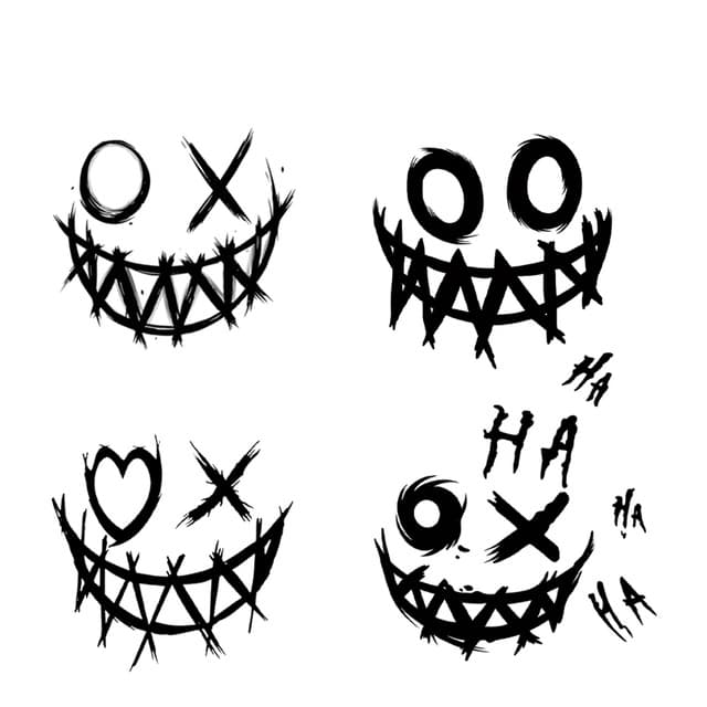 Stitched-smile flash — four creepy grins