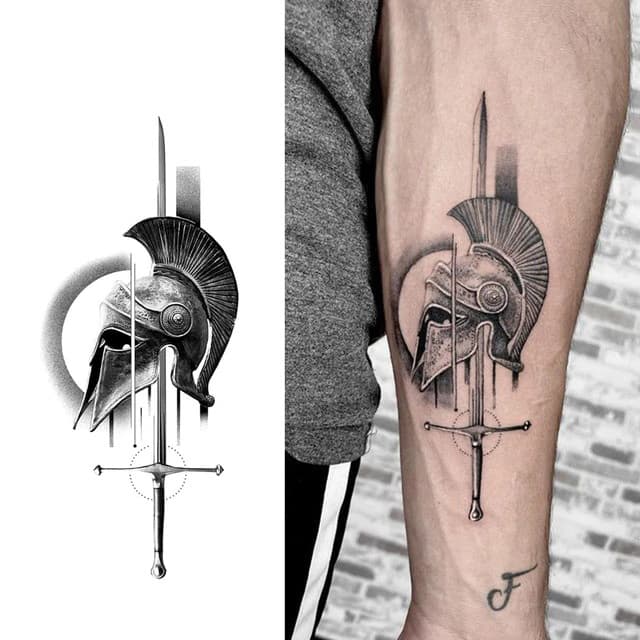 Spartan helmet over a sword
