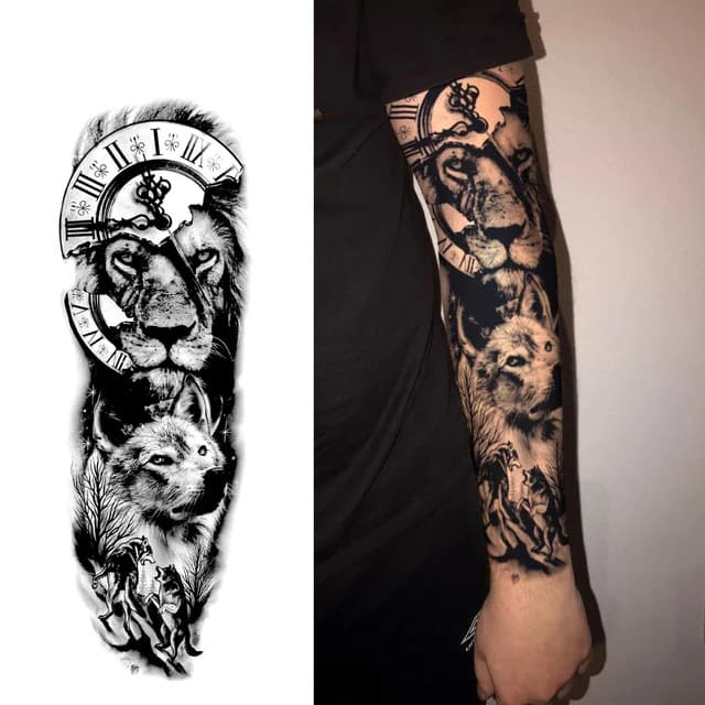 Lion and wolf beneath a broken clock — full sleeve — view 1