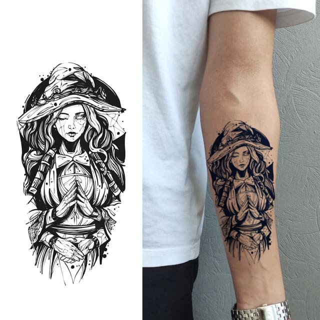 Praying witch in a wide-brimmed hat