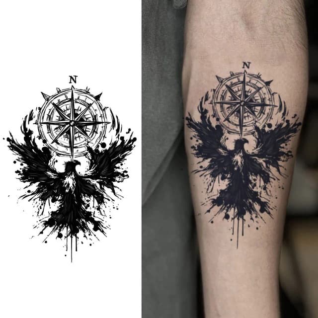 Compass over an ink-splash phoenix