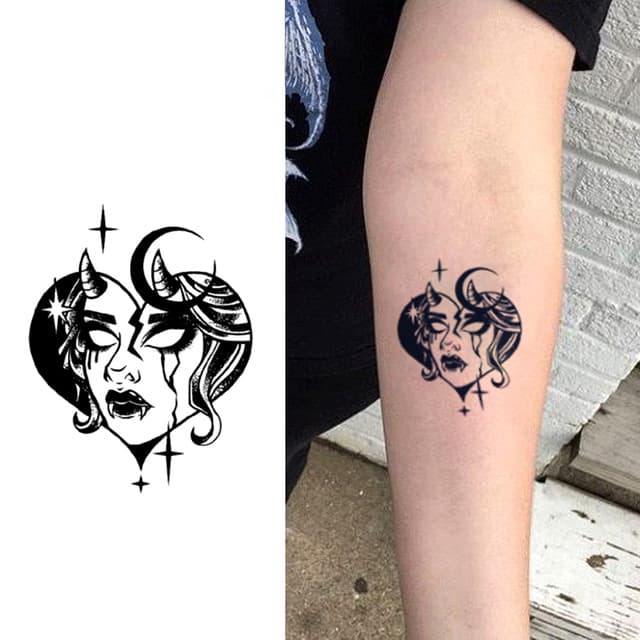 Twin-faced demoness with crescent moon