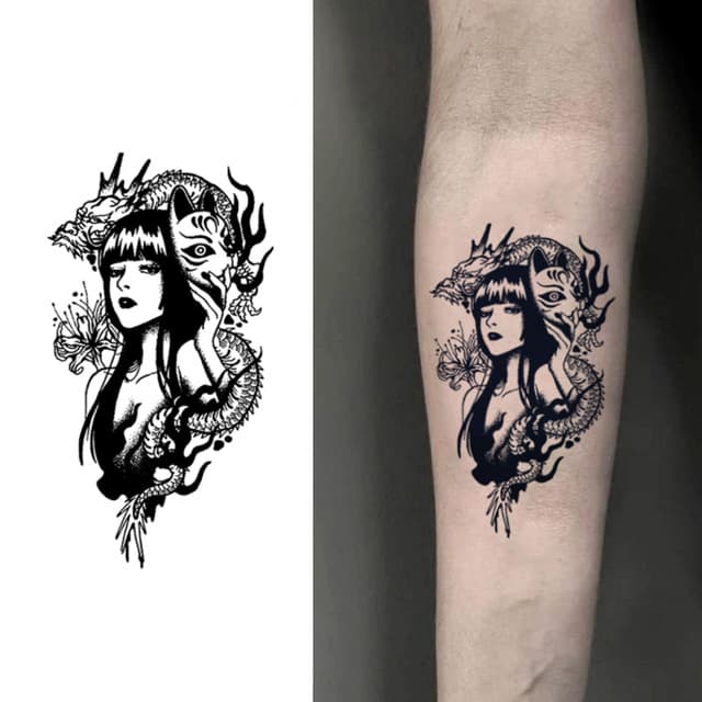 Geisha with fox mask and dragon