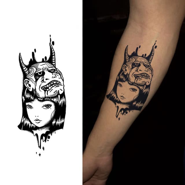 Two-headed girl — horned demon above