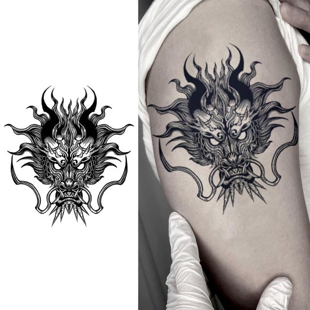 Crowned dragon mask aflame