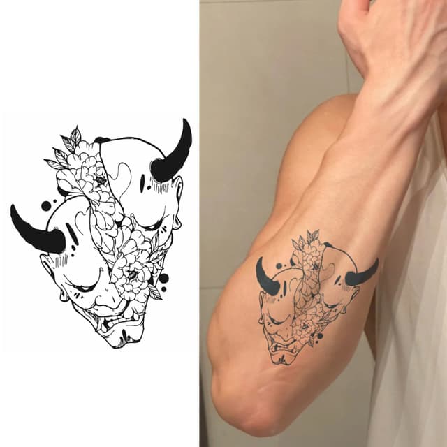 Twin oni skulls and peony