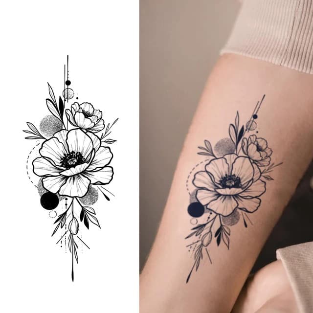 Poppy with celestial dotwork orbs